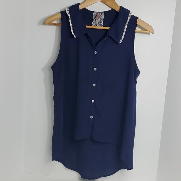 MAUVE by Anthropologie High-Low Lace Trimmed Navy Blue Sleeveless Top Size S - Picture 1 of 4